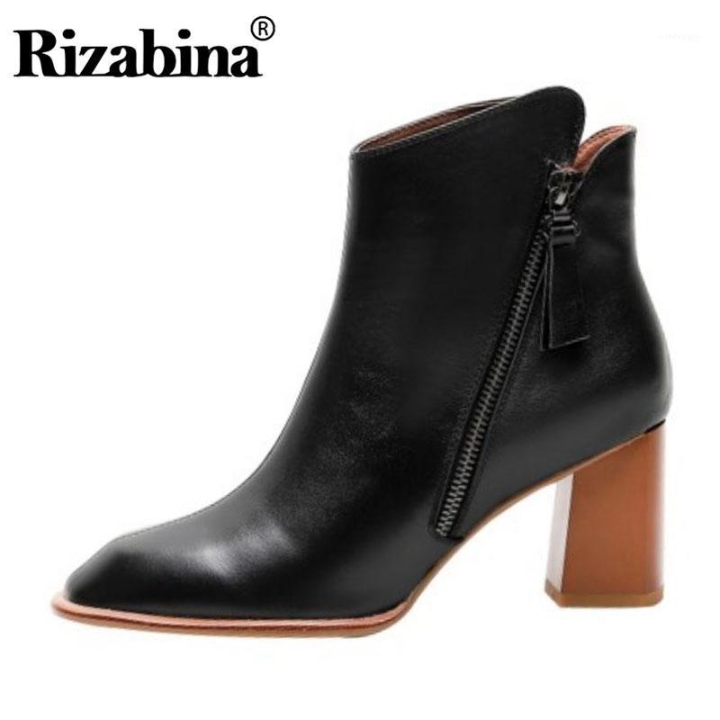 

RIZABINA Genuine Leather Vintage Square Toe Ankle Boots For Woman Solid Color Zipper High Heel Shoes Women Footwear Size 34-391, White