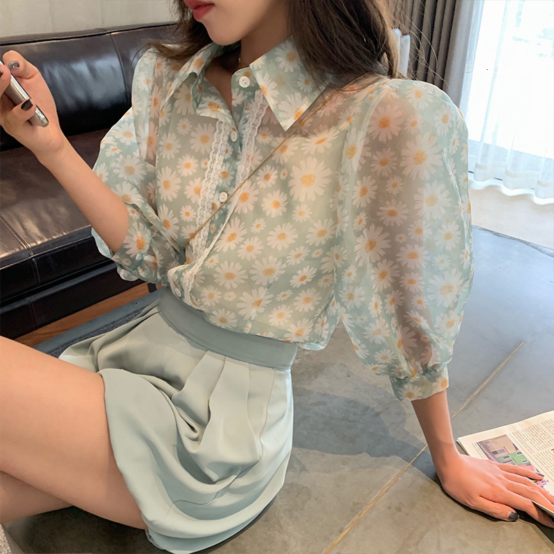 

2021 New Women mesh sheer chiffon transparent half sleeve lantern fashion blouse button daisies women's shirt plus size 6Z46, Cherry pollen.