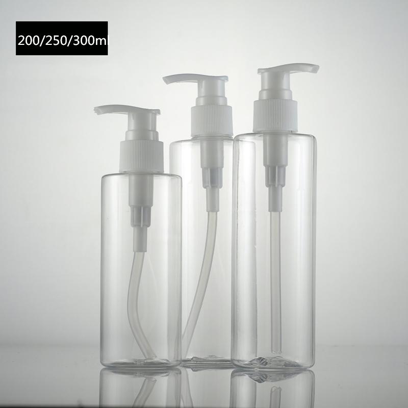 

200ml 250ml 300ml 24pcs/lot Empty Transparent Refillable PET Bottle Plastic Shampoo lotion white Pump Bottles Clear Containers