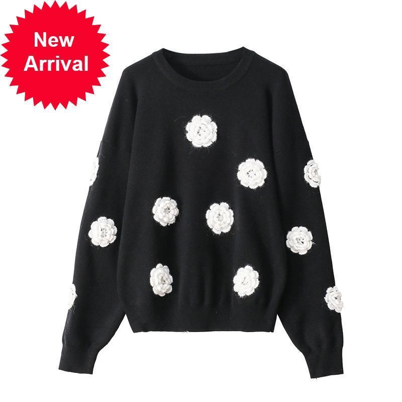 

New Autumn 2021 New Floral Black Female Nightgown Long Sleeve-neck Flower Knitted Back Elegant Casual Sweaters Tops X1QA, Beige