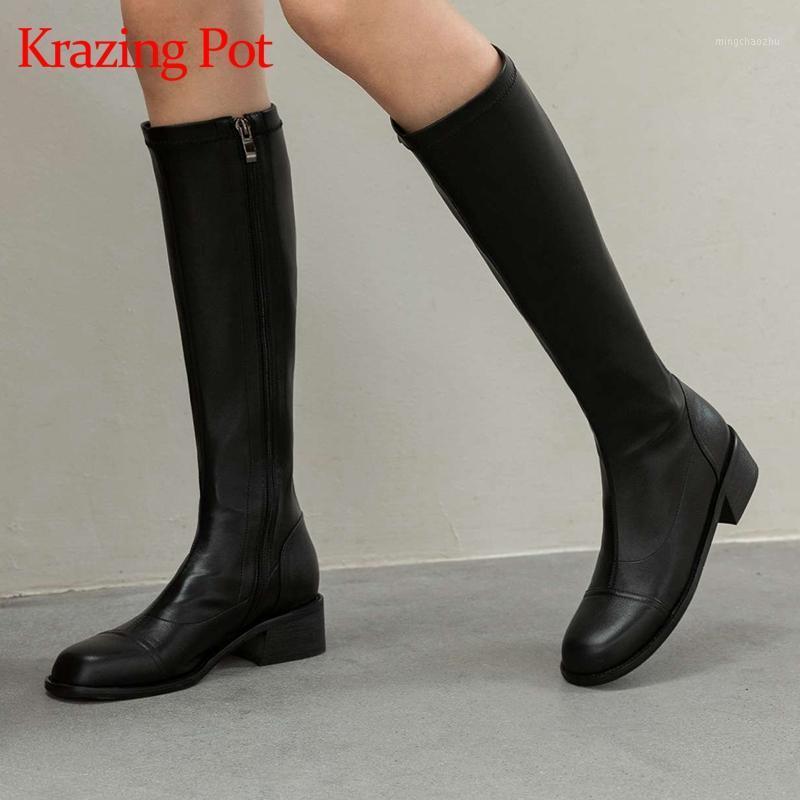 

Krazing pot new natural leather round toe med heel riding boots handsome young lady streetwear fashion solid knee-high boots L301, Black