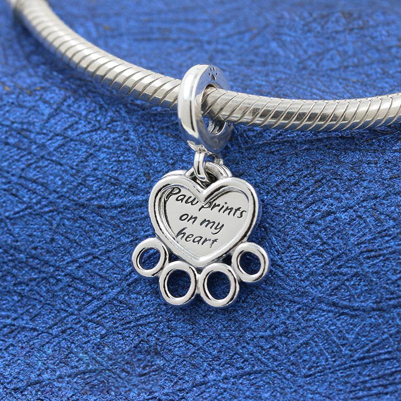 

925 Sterling Silver Hearts & Paw Print Dangle Charm Bead For European Style Jewelry Charm Bracelets