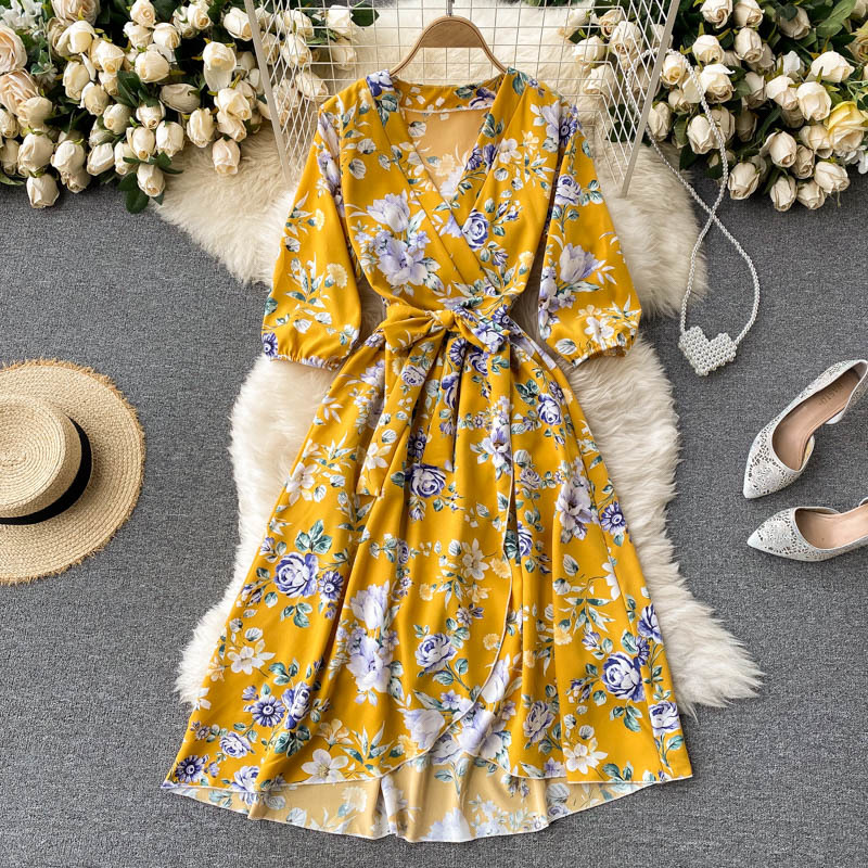 

2021 New Singiny female floral neck puff rentals even line to summer bohemian impression beach dressed dress YGRO, Dark blue