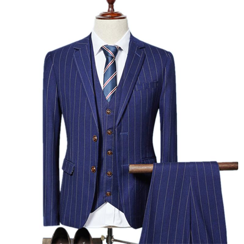 

Jacket+Pant+Vest / 2020 Spring Autumn Fashion Men's Business Casual Vertical Stripes Suit Three-Piece Suit Blazers Coat Trousers, Black