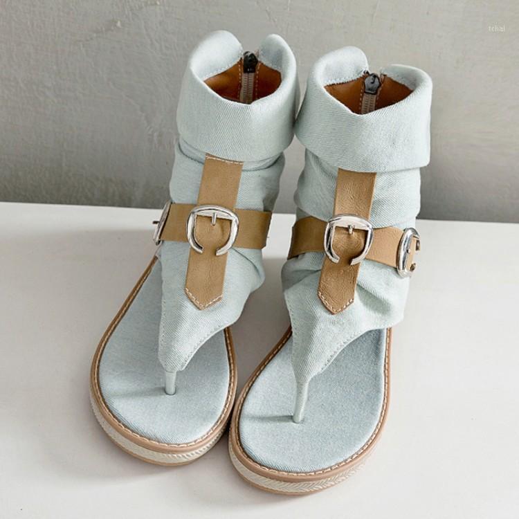 

Oversized summer flat sandals ladies women shoes woman Denim clip toe open toe belt buckle back zip1, Black