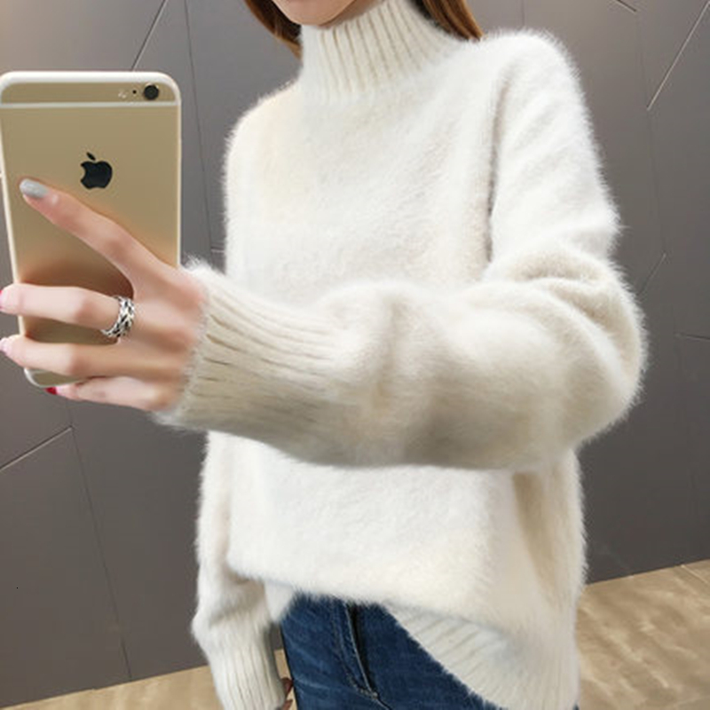 

2021 New Faux Mink Cashmere Turtleneck Women Autumn Winter Sweter Pull Femme Hiver Loose Pullover Streetwear Jumper Sweater 30nd, White