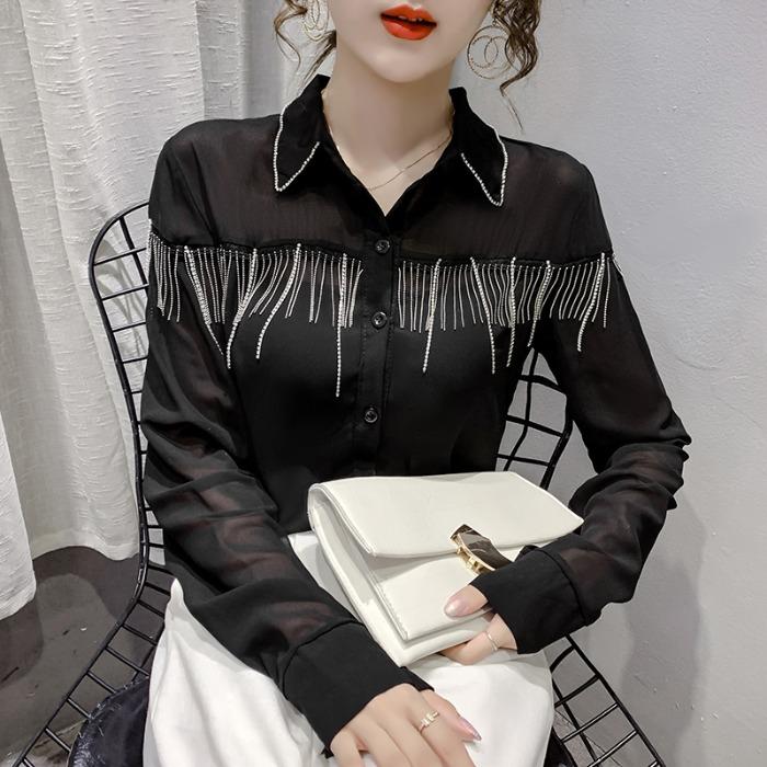 

Korean Early Autumn New Long-Sleeved Heavy Industry Diamond Beading Tassels Chiffon Shirts Women Blouses Fashion Streetwear 2021, Black