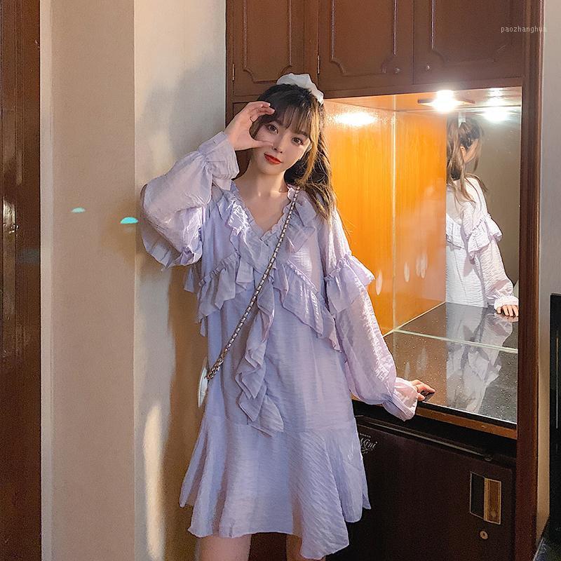 

2021 Spring Pregnant Woman Fairy Dress Butterfly Sleeve V-Neck Ruffles Patchwork Maternity Chiffon Dress Purple Shirts Blouses1