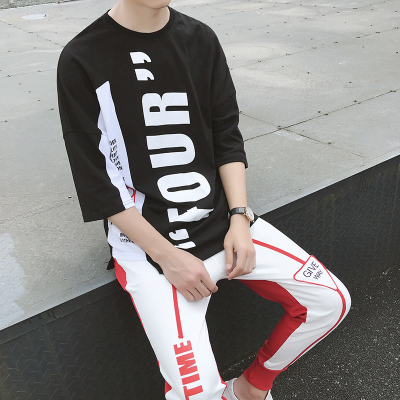 

2021 New Men Short-sleeve Oversized Top+short Pants Set Clothes 2pc Suit Student Casual Sportswear Men's Color Matching Hoodies 8db2, Red