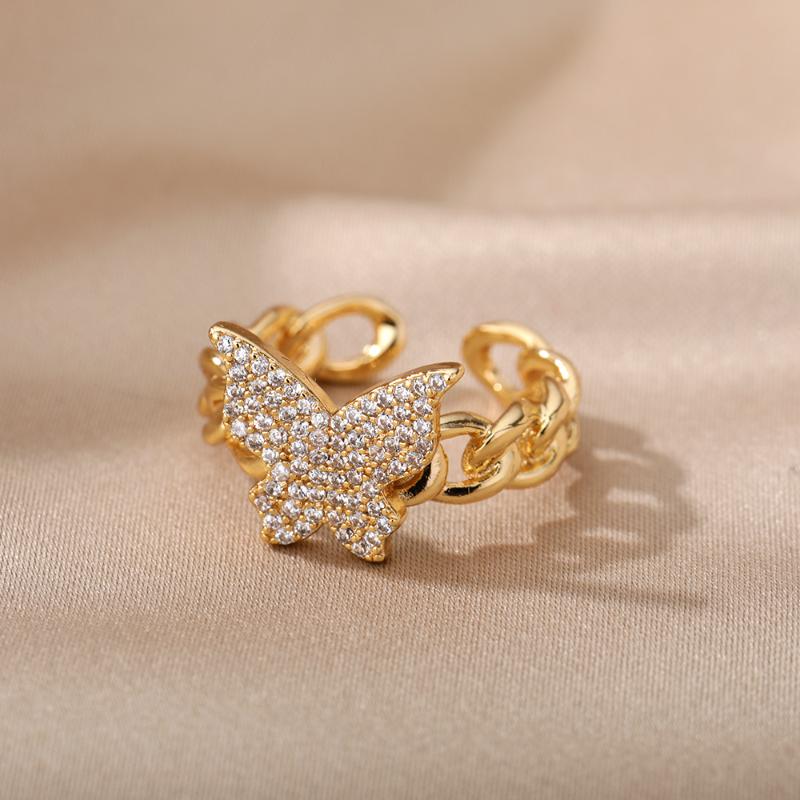 

Cluster Rings Vintage Minimalist Cuban Chain Open Adjustable For Women Personality Butterfly Finger Ring Girl Jewelry Gift Bijoux Femme, Golden;silver