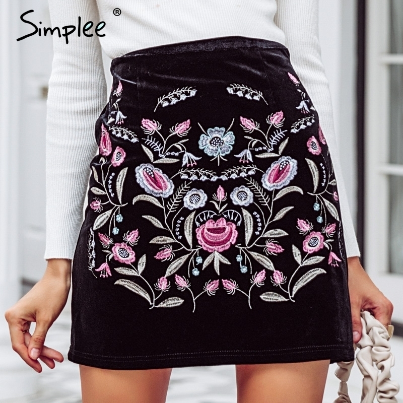 

Simplee Embroidery high waist skirts womens bottom Vintage short boho style chic pencil skirt female autumn sexy mini skirt Y200326, Black