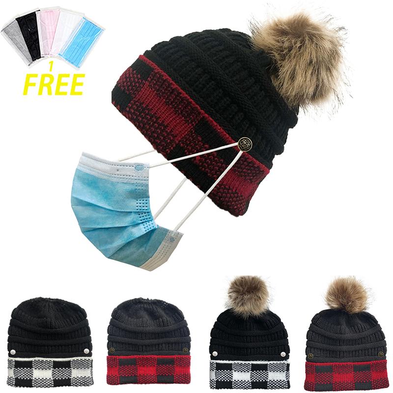 

2020 Winter Warm Beanies Hats for Women Fur Ball Hat Plaid Wool Knitted Original Design Skullies Cap With Buttons can Fix Mask, Red