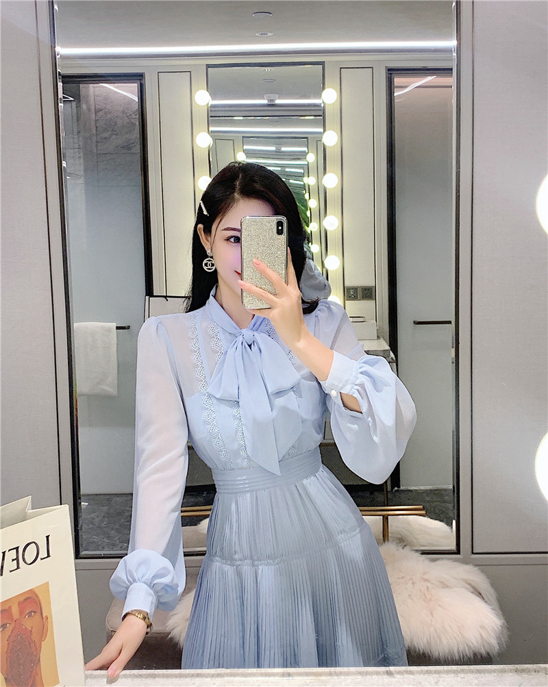 

2021 New Blue Autumn Chiffon Dressed Runway Woman Design Long Sleeve Casual Bow High Waist Party High-strung Female Self-dress Mskc