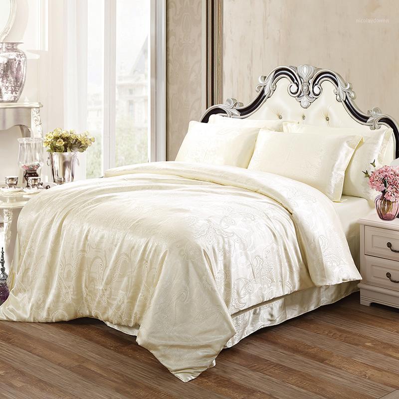 

Jpcs Silk Cotton Satin Jacquard Bedding Set bedclothes Duvet cover set Bedsheet Pillowcase  size bed linen1, Kdy14