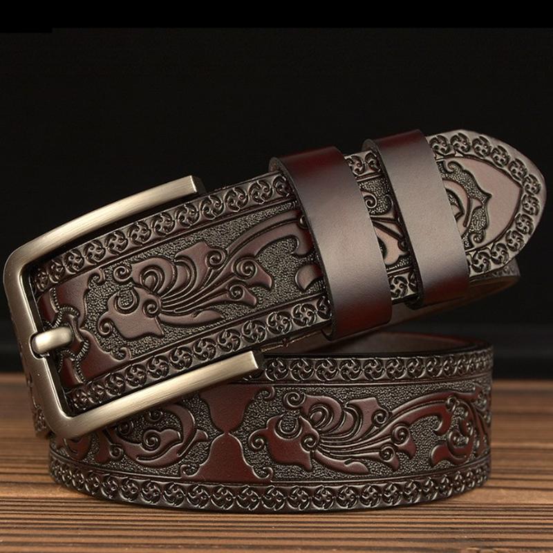 

Belts Fashion Men Vintage Belt Pin Buckle Luxury High Quality Cow Genuine Leather Embossing For Casual Jeans Waistband Strap, Black