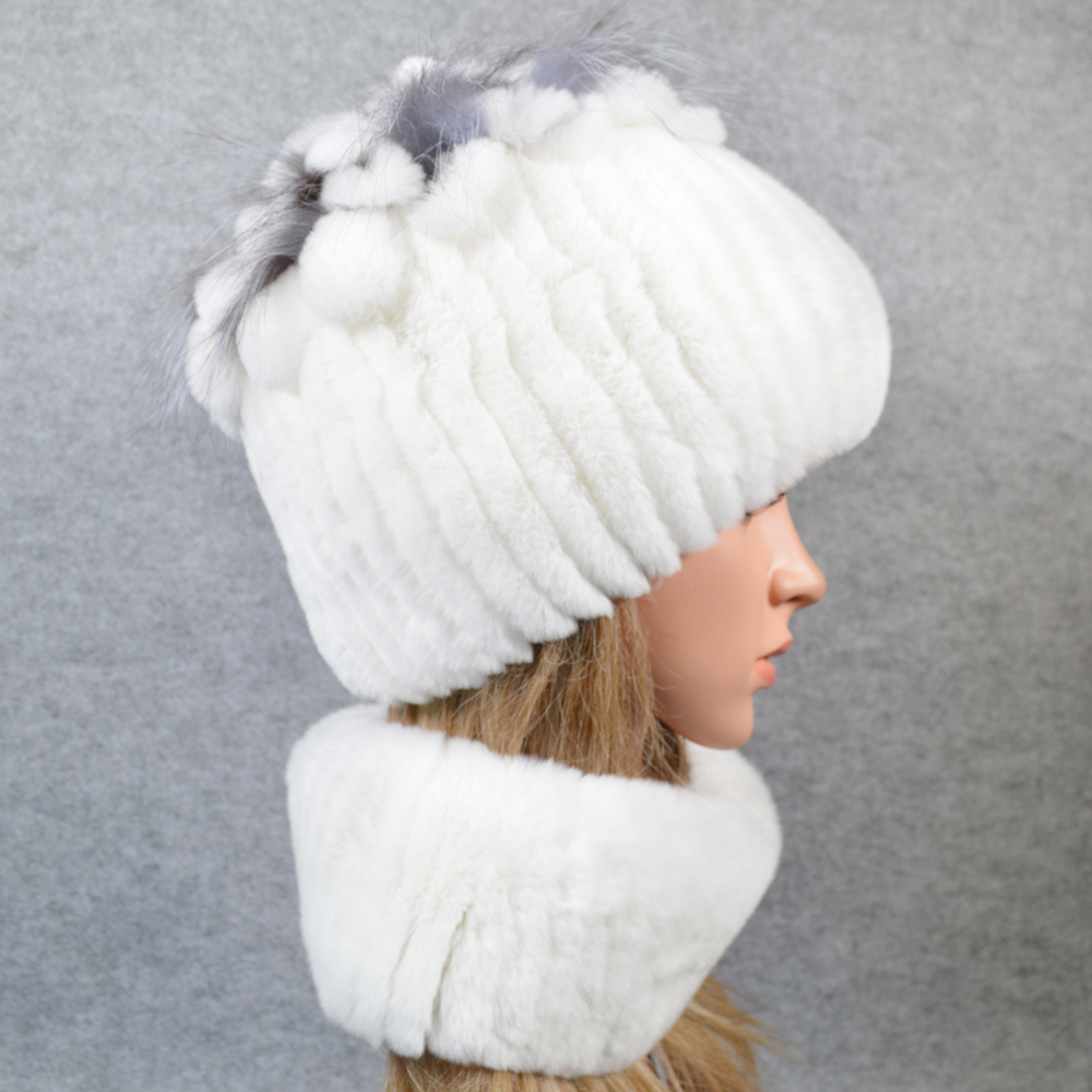 

2020 Russian female winter 2 pieces define real rabbir scarf royal hat rex rabbit skin cover leather ring natural shawl fur scarves