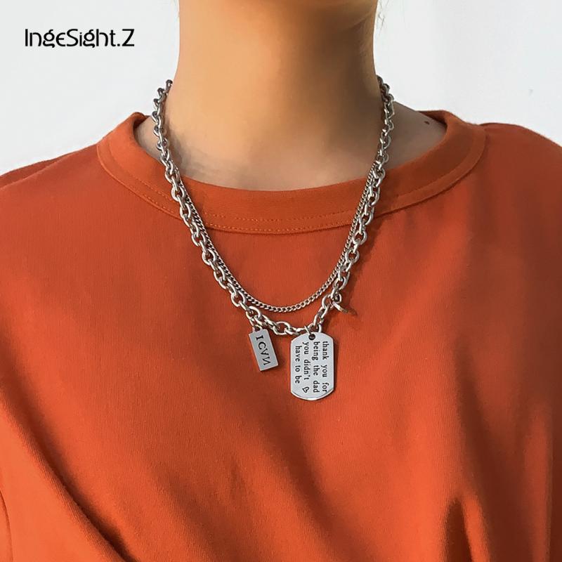 

IngeSight.Z Multi Layered Stainless Steel Thick Choker Necklace Punk Hip Hop Carved Coin Square Pendant Necklace for Men Jewelry