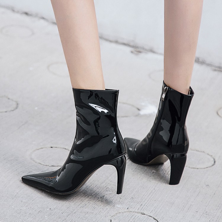 

Solid Simple Black/white Ankle of Patent Leather 8 in Cat Leaps Women Pointed Toe Martin Female Outfit Boots Nks7
