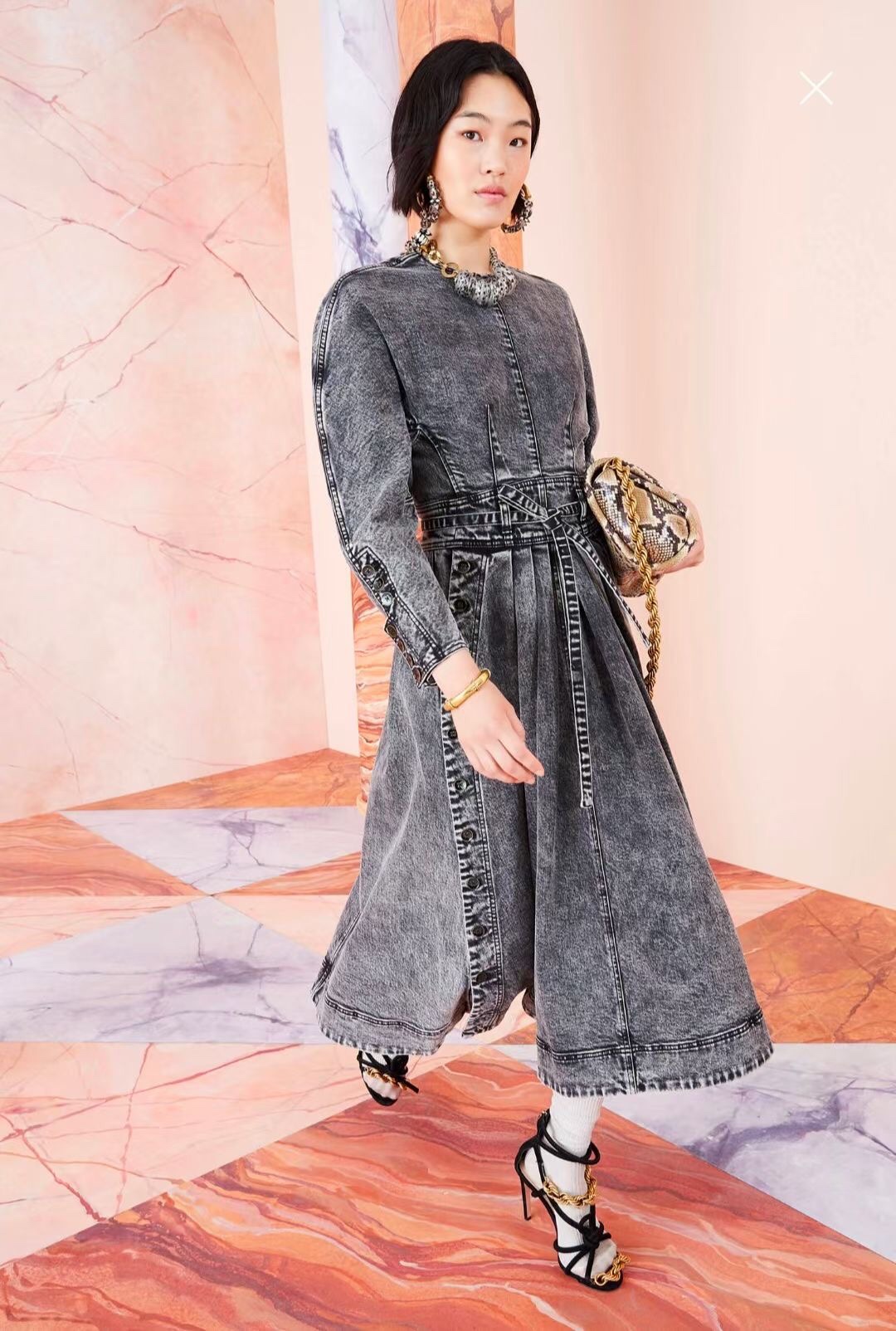 new autumn winter womens dress dyed denim round neck long sleeve tie small fresh retro dress