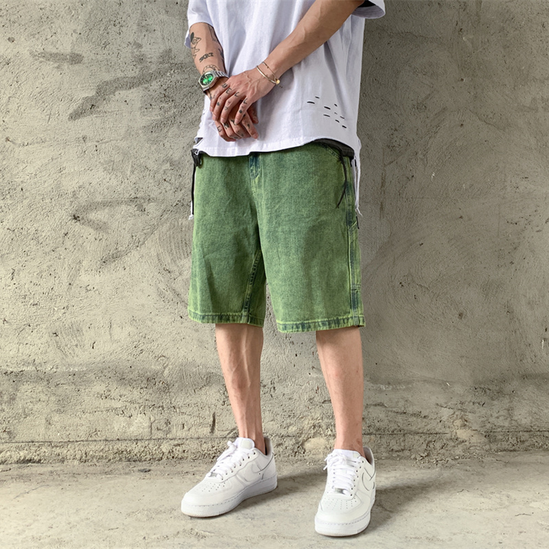 

2021 New Original Streetwear Washed Ribbons Jeans Men and Women Straight Loose Casual Denim Trousers Ripped Frayed Baggy Shorts Wjn3, Green