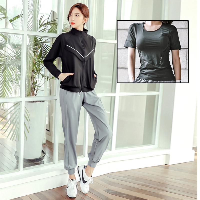 

3PCS Women Yoga Set Sportswear Autumn Winter Loose Running Jogging Fitness Outfit Casual Set Sport Suit Sweatshirt+jacket+pant, Black