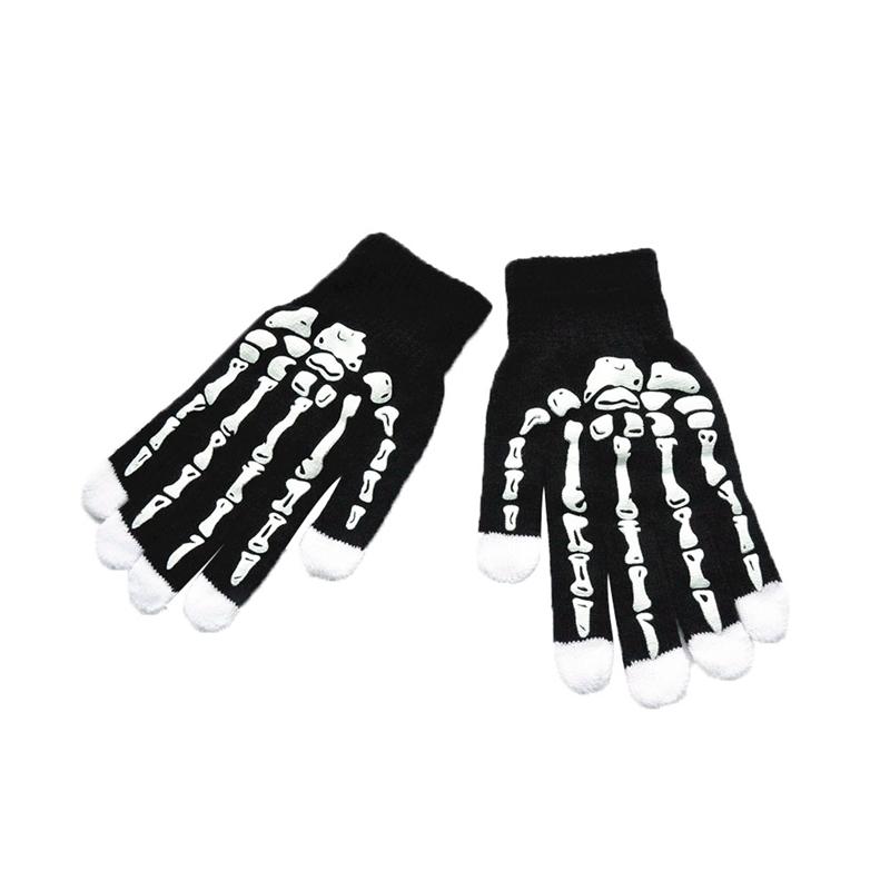 

Unisex Adult Halloween Skeleton Skull Half Finger Gloves Glow In The Dark Fingerless Stretch Knitted Winter Mittens