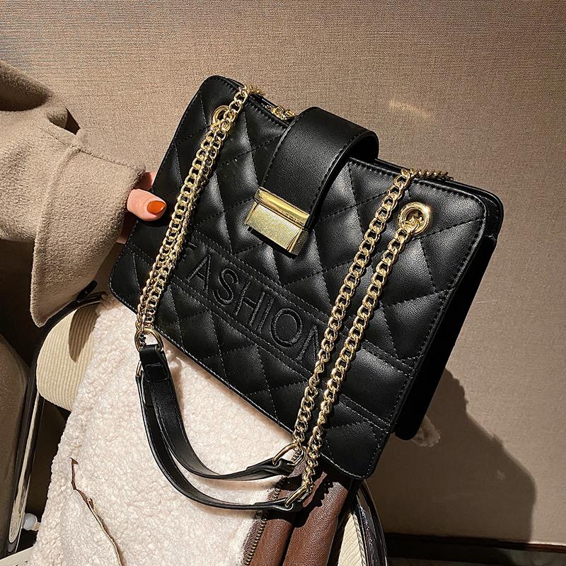 

Chain letters rhombus 2021 Fashion New female Tote Quality PU Leather Women Designer Handbag Shoulder Messenger bag, Black