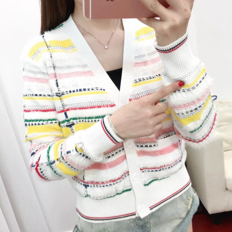 

New color stripe silk long sleeve V neck cotton padded jacket for women Cardigan sweater, See chart