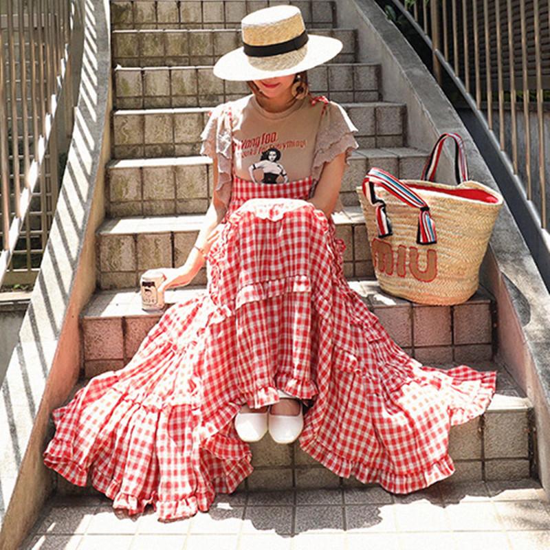 

Cotton Linen Strap Dress Women Sleeveless Lace-up Plaid Print Dresses Summer Vintage Big Hem Korean Casual Loose Maxi Dress 2020, Red