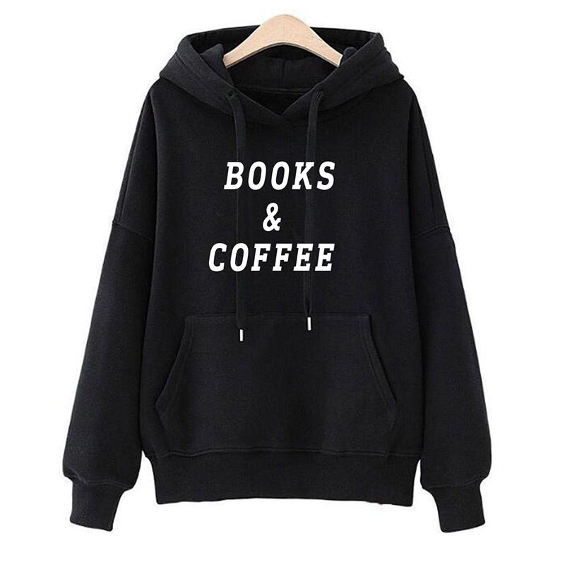 

Fashion Books & Coffee Print Kawaii Streetwear Sweatshirts Hoodies Youth Frauen Autumn Winter for Women Hip Hop Pullovers Tops, Black