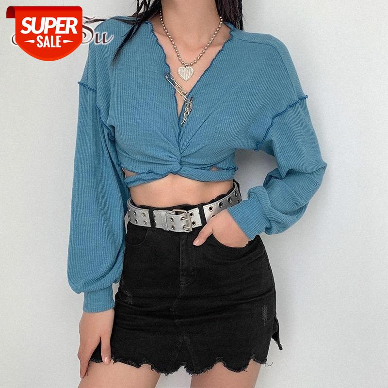 

ArtSu Women V neck Tops for Women Long Sleeve T-shirts Autumn 2020 Streetwear Loose Female Knitted Tee Shirt Harajuku TS52225 #vZ8F, White