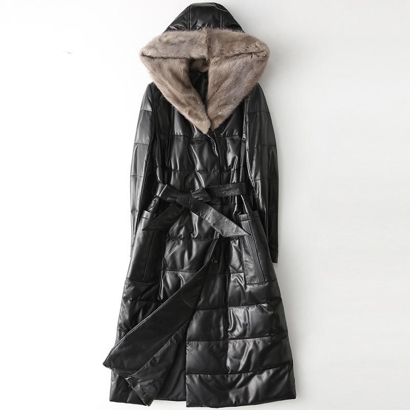 

Black Long Slim Sheepskin Down Jackets Coat Mink Hair Hooded Woman Genuine Leather Sashes Winter Thick Warm High Quality Outwear