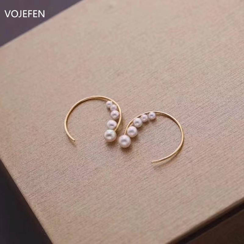 

VOJEFEN 18k Real Pearl Hoop Earrings Lightweight 3-4mm White Small Freahwater Pearl Earrings Drop Dangle Jewelry