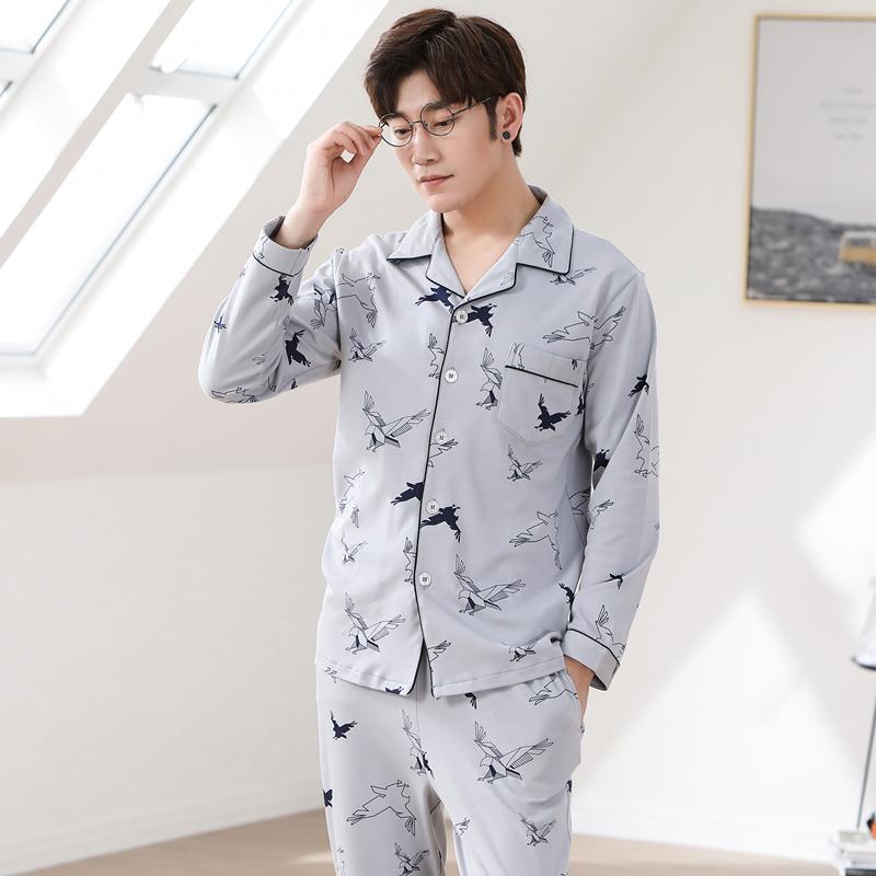 

Spring and autumn new long-sleeved pajamas, pure cotton, autumn Korean cardigan, men's youth, plus fertilizer, Gray