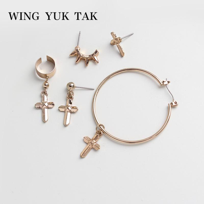 

wing tak yuk 5Pcs/Set Vintage Punk Hoop Earrings for Women Fashion Gold Color Cross Earrings Statement Jewelry 2020