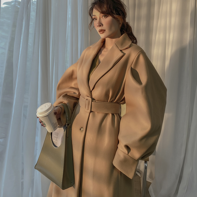 

2021 Autumn New Elegant Camel Light Wool Sleeve Female Long Coat Turn-down Single Collar WMB5