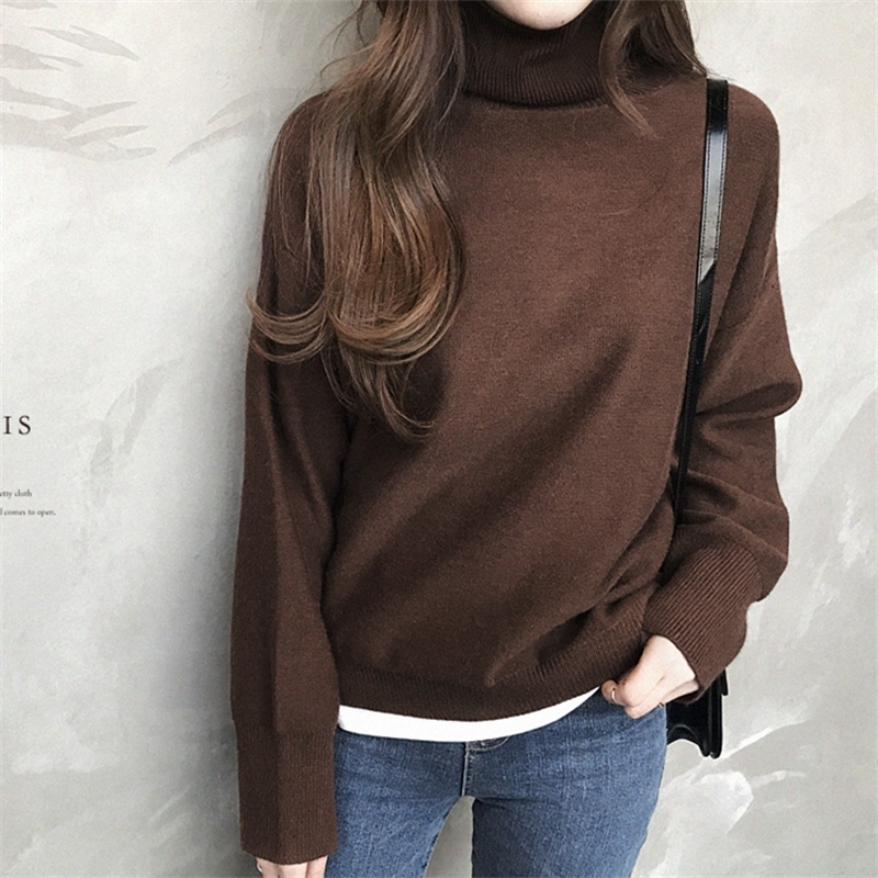 

Colorfaith New Autumn Winter Women's Sweaters Turtleneck Loose Warm Minimalist Tops Korean Style Knitting Ladies SW8307 201204, Black