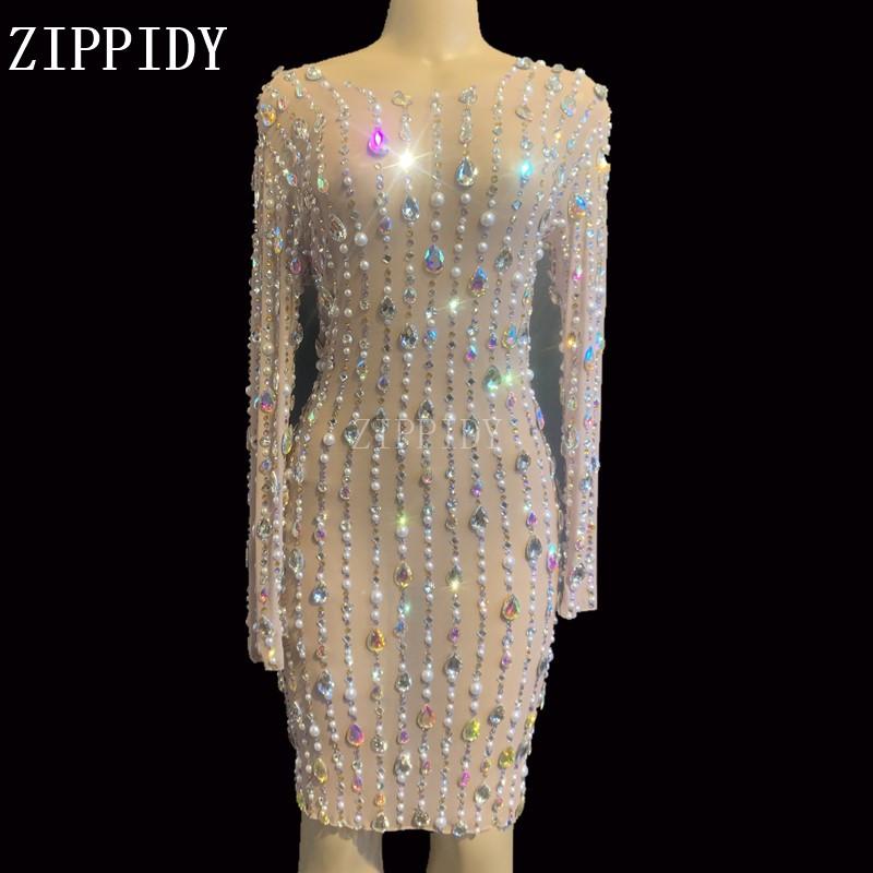 

Sparkly Big Rhinestones Pearls Mesh Dress Birthday Celebrate See Through Dress Female Singer Stage Prom Dresses YOUDU, Nude short