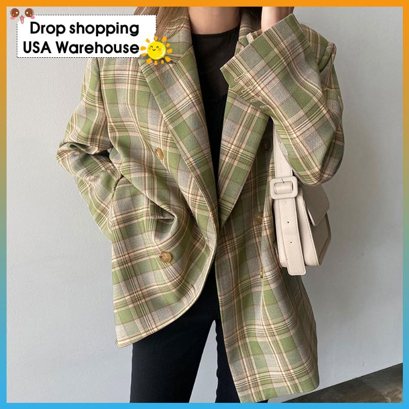 

2021 Autumn New Plaid Suit Jacket Women' Korean-Style Loose Retro Casual British-Style Suit Fashion Ladies Blazer, Blue