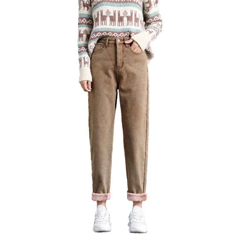 

Women Winter Warm Pencil Pants 2020 Solid Thickening Jeans High Waist Fleeces Denim Trousers Female Plus Size Jean Pant P9550, Brown