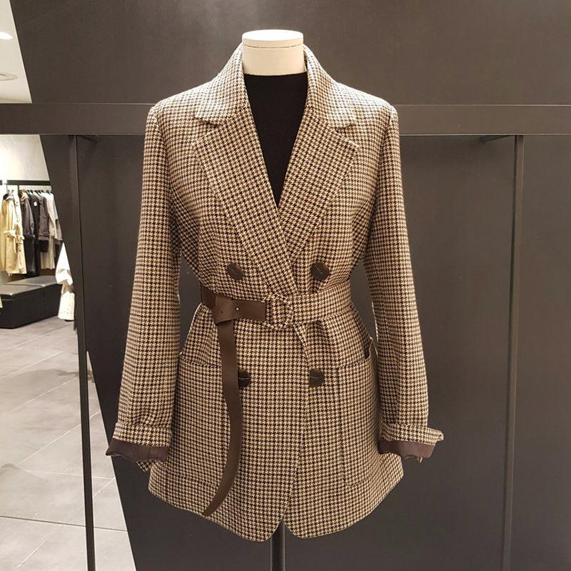 

2021 New Spring And Autumn Women Woolen Suit Plaid Jacket, Khaki