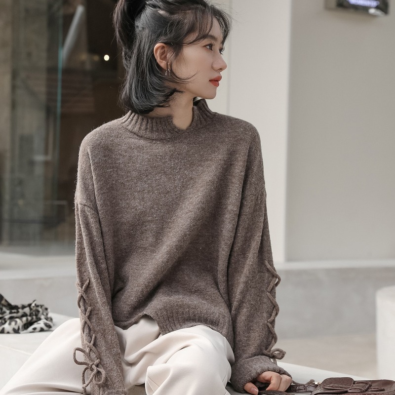 

2021 New Thick Women's Large Sweater Vest Cleaves Neck-neck Lace Sleeves in Knitting the Office Lady's Tops Clothes R0D4, Camel