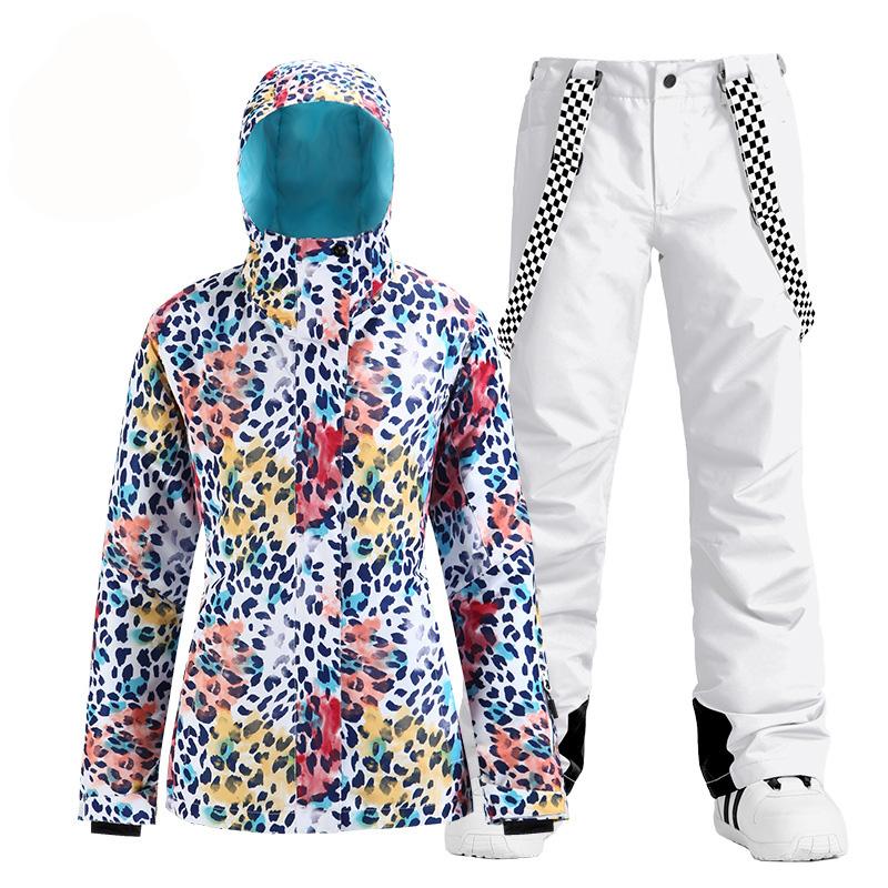 

Fashion White Leopard Women's Snow Suit Wear Outdoor Sports Ski Costumes Waterproof Snowboard Clothing Sets Jacket + Pant Girl's, Picture pant
