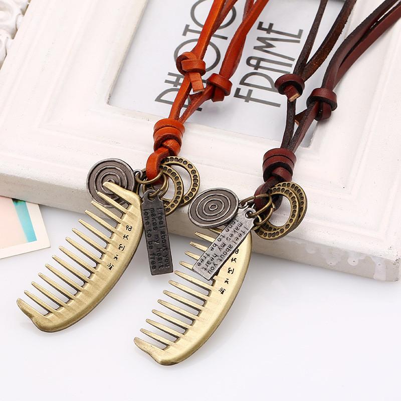 

Fashion Vintage WOMEN MEN Hairstylist Leather Necklace Alloy Comb Pendant Choker Handmade Hairdresser Jewelry P48