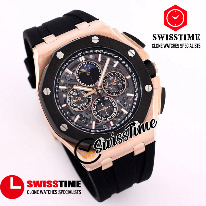 

Sale New 26571 26582 Quartz Chronograph Mens Watch Moon Phase Skeleton Dial Stopwatch Two Tone Rose Gold Case Rubber Watches SwissTime A06, Customer-defined waterproof service