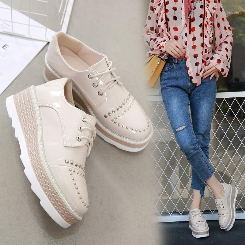 

Rivet Wedge Oxfords Women Lace Up Platform Pump Patent Leather Round Toe Loafers Vintage Heightening Shoes Zapatos De Mujer1, Black