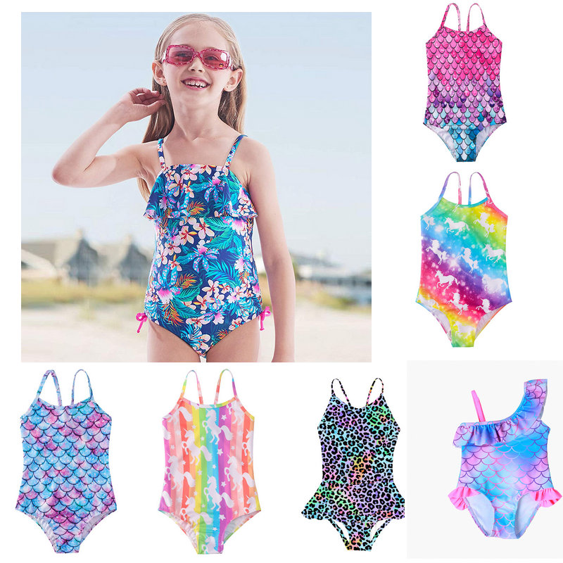 

15 styles hot kids Mermaid leopard floral One-Pieces swimwear girls Swimsuits bodysuit kid bikini ruffle Beach Sport bathing suits Children, Black