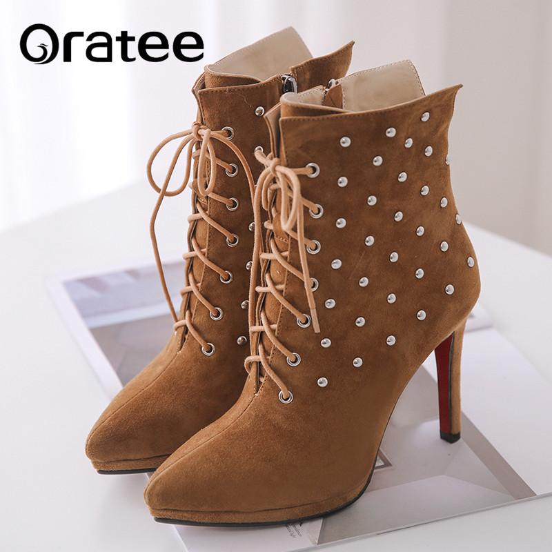 

Women Winter Ankle Boots Lace Up Flock Velvet Square Heels Western Autumn Stiletto High Heels Ankle Boots, Black
