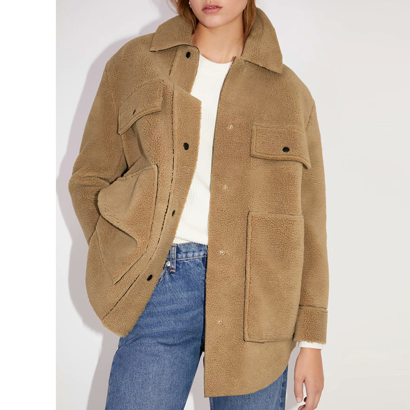 

2021 New Autumn Winter Women Teddy Jackets Solid Stylish Big Pocket Thick Warm Cashmere Jacket Casual Girls Long Sleeves Streetwear Nv58