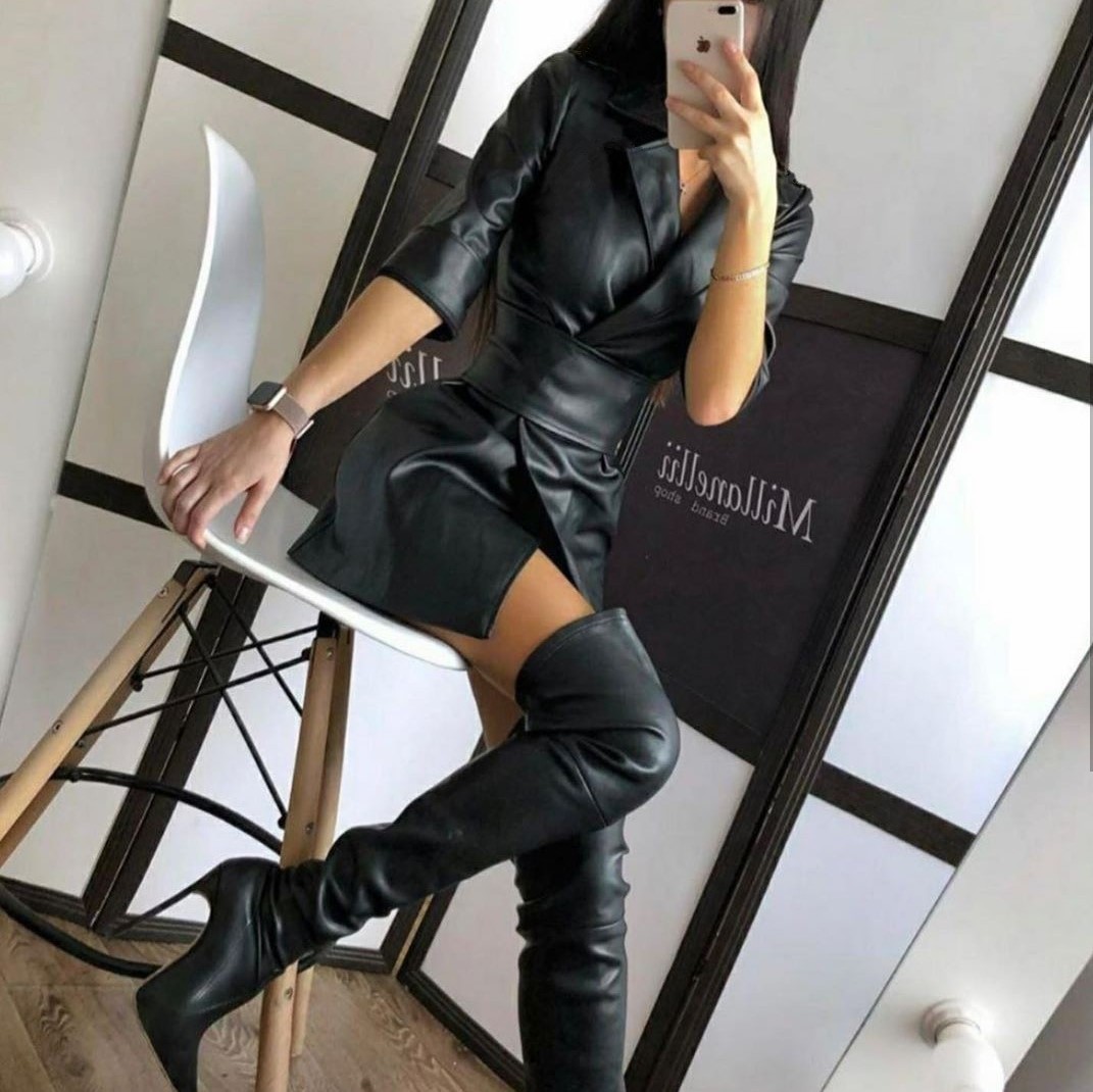 

Women Leather Jacket with Belt High Quality European and American Style Womens Tailored Collar PU Leather Dress Jackets 2 Colors Size -XL, Black
